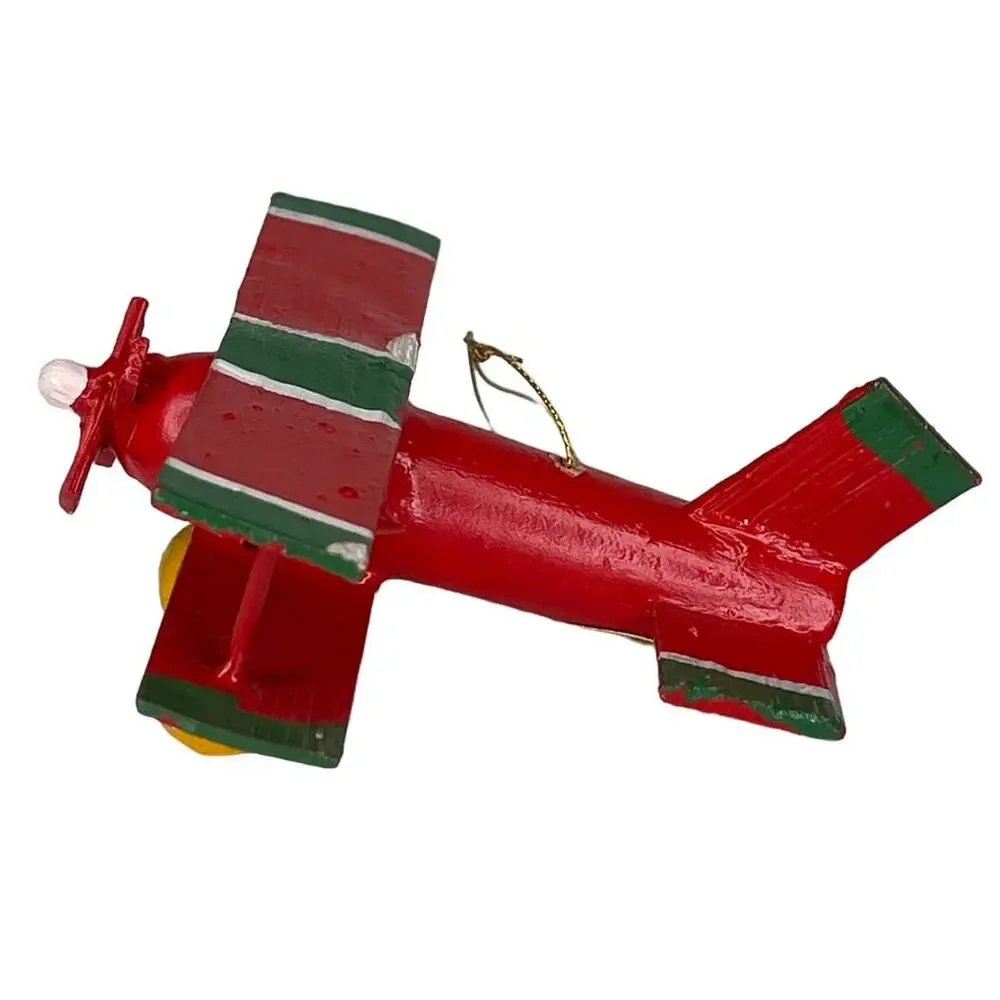Vintage Wooden Airplane Ornament Red Green Folk Art Christmas Decor